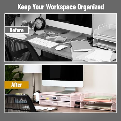 Mind Reader Mesh Monitor Stand with Storage Drawer, Ventilated Laptop Riser and Desktop Organizer, Office, Metal Mesh, Pink