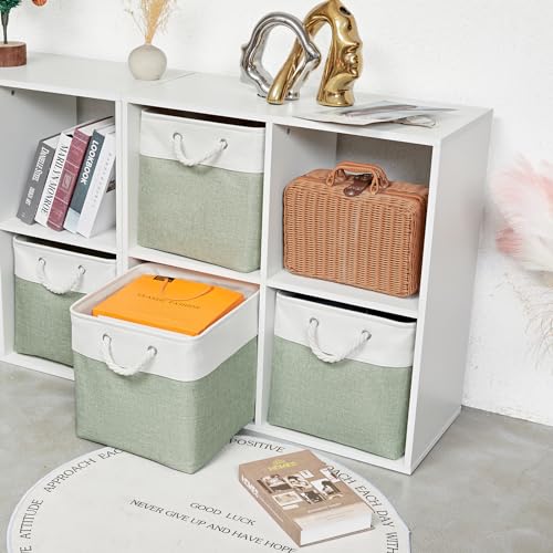 13 x 13 Inch Extra Large Storage Cubes,6 Pack Cube Storage Bins for Shelves，Fabric Collapsible Storage Bins with Handles, Foldable Storage Basket for Organizing Clothes, Toys (White&Green) - color: White&Green（EVA）