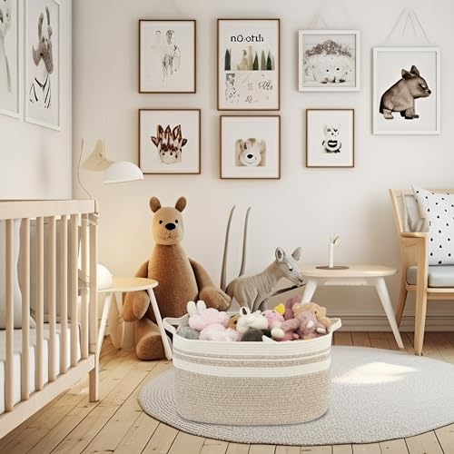 XUANGUO Large Rectangle Blankets Basket Living Room 22"x17"x12" Woven Cotton Rope Storage Baskets for Nursery Toy Baskets for Kids Wicker Laundry Basket Bin for Clothes Towels white brown - color: white and brown