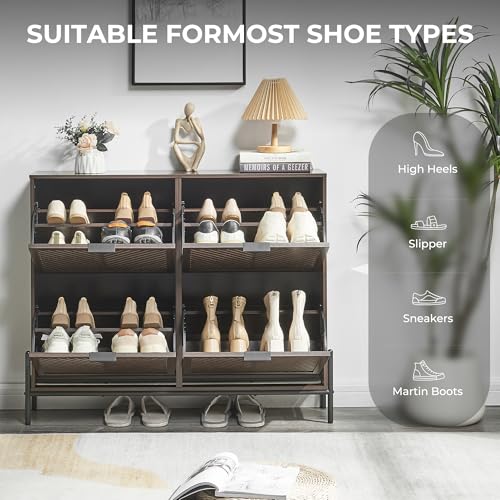 Shoe Cabinet Storage with 4 Flip Drawers, Narrow Hidden Shoes Organizer Cabinet for Entryway, Freestanding Slim Shoe Rack Front Door Entrance(Brown) - color: Brown, size: Large