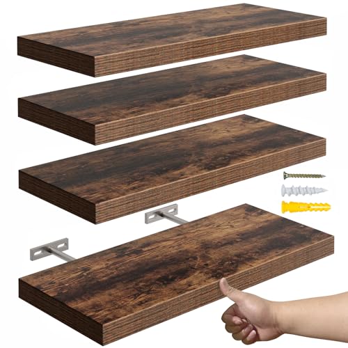 YUFLINX 16’’Rustic Brown Floating Shelves for Wall Set of 4,Rustic Wood Shelf for Room Decor/Storage/Display,Small Bookshelf,Wall Mounted Hanging Shelves for Bedroom, Bathroom, Living Room, Kitchen - color: Rustic Brwon, size: 16in