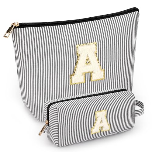 2 PCS Initial Makeup Bags for Women: Cosmetic Bag for Travel Toiletry - Birthday Gifts for 11 12 13 14 15 16 17 18 Years Old Girl Graduation Teacher Gift- Teen Girl Gifts Trendy Stuff - Black A - color: Black, style: A