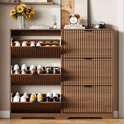 Shoe Cabinet Storage for Entryway with 6 Flip Drawers, Walnut Fluted Shoe Cabinet with Adjustable Shelves, Wooden Hidden Shoe Rack Freestanding Narrow Slim Shoes Storage for Hallway, Entrance - color: Walnut, size: 6 Drawer