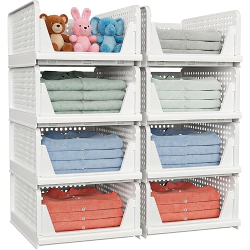 4 Pack Stackable Closet Storage Basket - Stackable Storage Bins, Multifunctional & Foldable Closet Organizer Divided, Wardrobe Cupboard Space-Saving Clothes Storage Hat Organizer, White - size: 4 Pack White