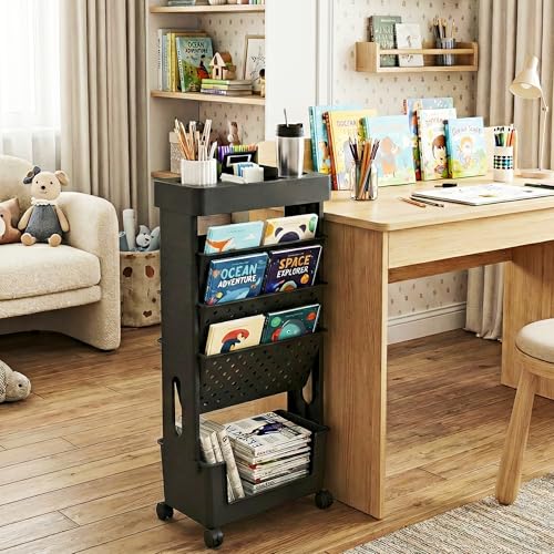 5-Tier Mobile Bookshelf, Rolling Bookcase Book Storage Rack, Movable File Folder Organizer Cart with Wheels for Home Study Office Living Room Classroom, Black - color: Black, size: 5-Tier
