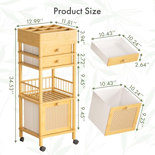 Amazer Bamboo Makeup Organizer Cart with 3 Drawers, Floor Skin Care Storage for Bathroom Bedroom, Rolling Vanity Organizer Cart for Cosmetic, Nail Polish, Perfume and Hair Tools - color: Natural Color