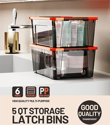 WYT 5-Quart Small Storage Container Bin with Orange Secure Lid and Black Clear Latch Buckles, Durable Plastic Stackable Nestable Organizin, 6-Pack - color: Orange
