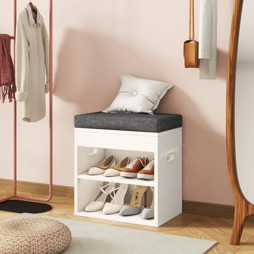 YMYNY Small Shoe Storage Bench with Cushion and Drawer, 2 Tier Adjustable Entryway Bench with Storage, Wooden Shoe Rack Bench for Entryway, Living Room, Hallway, Closet, Bedroom, White, HSC002W - color: White