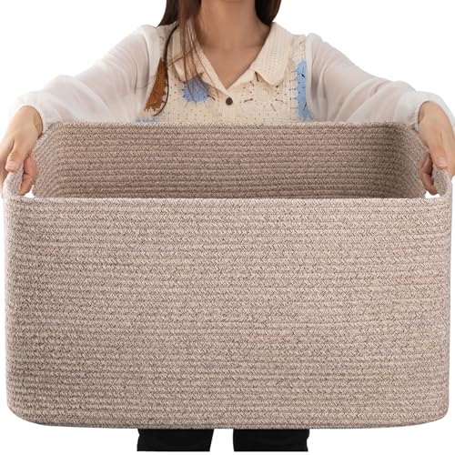 OIAHOMY 75L Large Woven Cotton Rope Storage Basket with Handle for Organizing Blanket and Toys for Living Room, Nursery, Brown Variegated 22”x17”x12” - color: Brown variegated, size: 22”x17”x12”