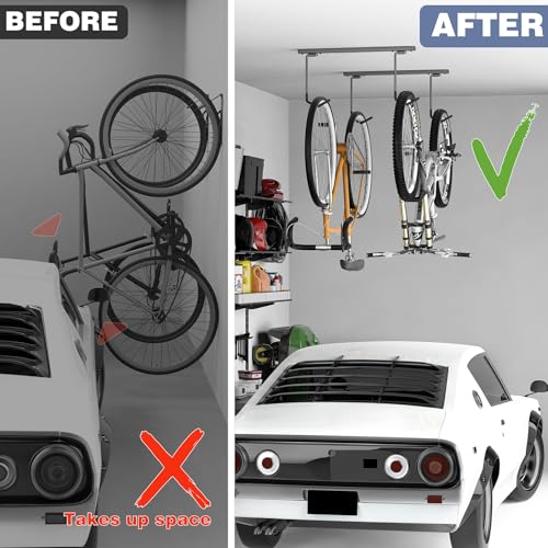 WALMANN Ceiling Mounted Bike Rack for Garage, Space-Saving Ceiling Bike Storage for 4 Bikes(Horizontally)/8 Bikes(Vertically), Adjustable Bike Hooks for Road Mountain Bikes - style: Ceiling rack for 4 bikes