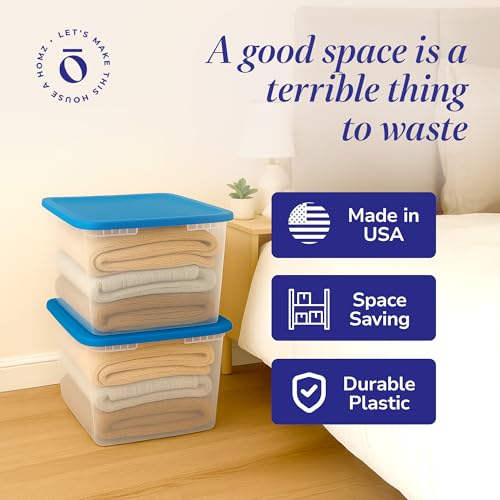 HOMZ 2-Pack Snaplock, Large Clear Plastic Storage Organizer Bins w/Lids, 56 Quart, Blue - Stackable Container Boxes for Bedroom, Bathroom, Garage, and Office Organization - color: Blue Lid, size: 56 QT (2 Pack)