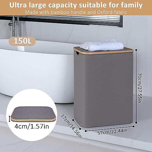 iEGrow 150L Laundry Hamper with Lid-Large Laundry Basket with Bamboo Handles, Grey Hampers for Laundry, Dirty Clothes Hamper with 2 Removable Inner Bags for Clothes Toys Towels - color: Grey, size: 150L