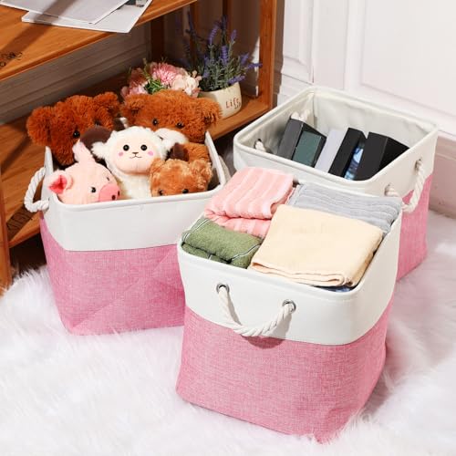 meekoo 8 Pack Collapsible Storage Bins Fabric Storage Bins Polyester Fabric Baskets with Handles Linen Closet Organizer for Shelf Home Closet Towels Toys(12 x 12 x 12 in,Pink White) - color: Pink White, size: 12 x 12 x 12 In