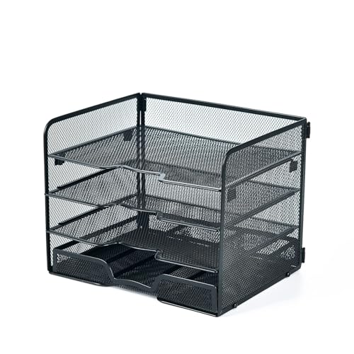 SETTFRFE 4 Tier Mesh Paper Letter Tray,Desk File Organizer with A Sliding Drawer,Office Supplies Desk Organizer for Home Office,Black.