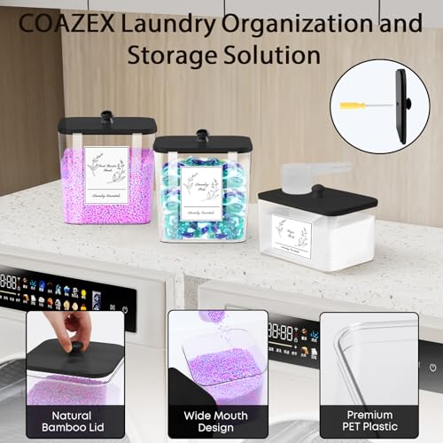 COAZEX 3 Pack Plastic Laundry Pods Container & Dryer Sheet Holder, Laundry Room Organization and Storage Jars with Lids, Scoops & Labels for Detergent, Powder, Scent Booster(Black Lid) - color: C-2+1 Pack(Black Lid)