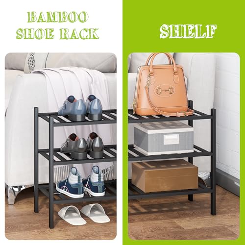 BMOSU 3-Tier Bamboo Extended Shoe Rack Premium Stackable Shoe Shelf Storage Organizer for Hallway Closet Living Room Entryway Organizer (Black Bamboo) - color: Black Bamboo, size: 3-Tier Long（33.3*11*18.3inches）
