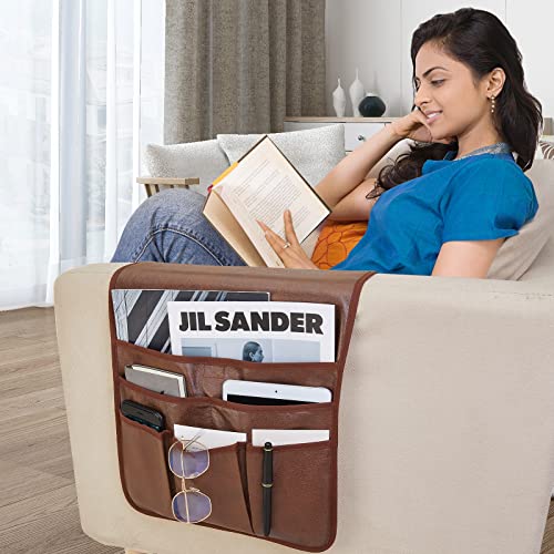 Teniux Remote Control Holder Faux Leather Armrest Organizer with 6 Pockets for recliner couch sofa, Armchair Caddy for Smart Phone, Book, Magazines, Ipad, Remotes (Brown) - color: Brown