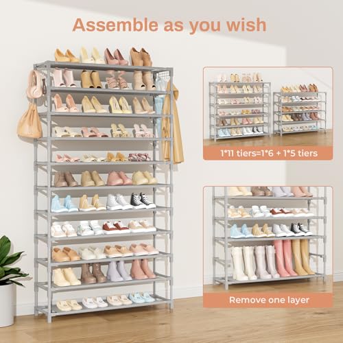 VILICK 11 Tiers Tall Wide Shoe Rack 55 Pairs Large Capacity Sturdy Durable Shoe Rack for Closet Metal Shoe Organizer Shelf with Two Hooks Space Saving for Entryway Grey - color: Grey