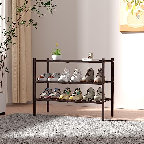 ROMGUAR CRAFT 3 Tier Bamboo Shoe Rack for Closet Free Standing Wood Shoe Shelf for Entryway Small Space Stackable 27"x11"x20" (Brown) - color: Brown, size: 3 Tier