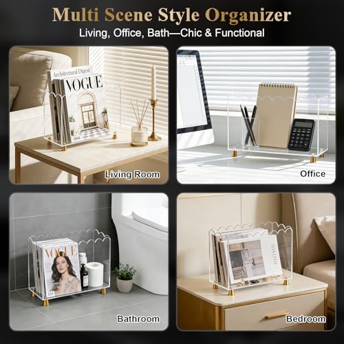 Acrylic Magazine Holder,Magazine Rack Floor,Crystal Clear Stylish Organizer with Luxe Gold Metal Feet and Wave Edge Design Space Saving Storage for Books Newspapers Office Supplies,Home Office - color: Clear