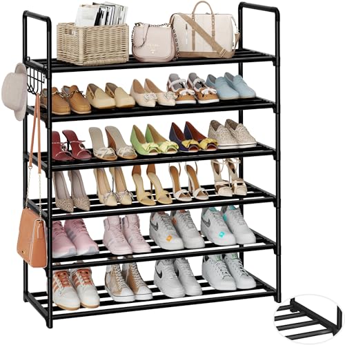 Metal Shoe Organizer,6 Tiers Shoe Storage Shoe Rack with Hooks,Fit 24-30 Pairs,Adjustable Shoe Shelf for Entryway,Hallway,Bedroom,Metal Bottom Support - size: 6 Tier