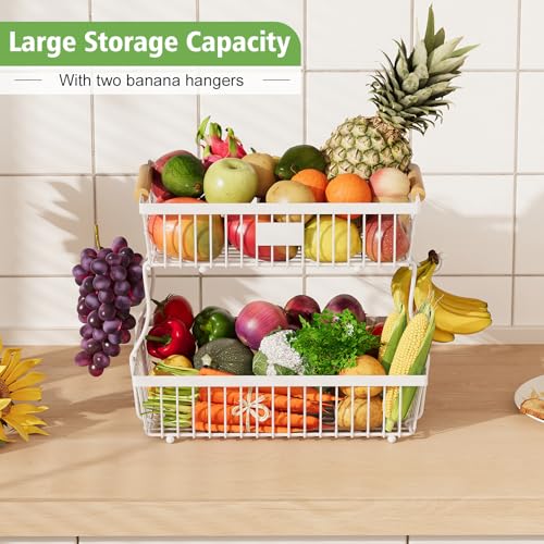 2 Tier Fruit Basket for Kitchen Counter with 2 Banana Hangers, Countertop Metal Bread Basket with Wooden Handle, Large Storage Stand for Vegetables, Snacks, Eggs, Produce Storage – White - color: White, size: 2 Tier