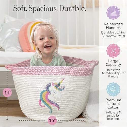 Unicorn Storage Basket for Nursery – Large 15”x11” Cotton Rope Bin with Soft Felt Animal Patch – Toy Organizer, Baby Laundry Hamper, Diaper & Towel Holder – Foldable, Washable & Baby-Safe - color: Unicorn