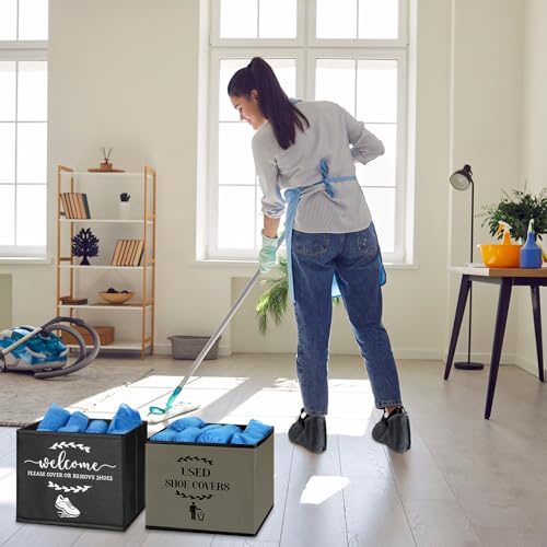 2 Pcs Shoe Cover Boxes Dispenser Foldable Storage Bins, Used Shoe Covers and Welcome Please or Remove Sign Entryway Basket Holder for Open House Supplies(Dark Gray, Black) - color: Dark Gray, Black