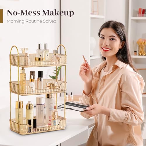 Bathroom Counter Organizer Countertop, 3 Tier Makeup Perfume Shelf Storage, Skincare Cosmetic Tray for Dresser Vanity - Gold - color: Amber Gold, size: 3 Tier