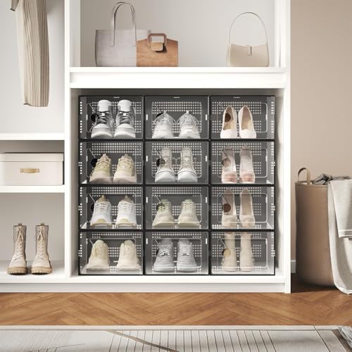 12 Pack Large Shoe Storage Boxes Organizers, Shoe Boxes Clear Plastic Stackable Shoe Containers with Lids, Foldable Space-Saving Storage Bins Shoe Cabinet, Fit up to Men's US 9/Women's US 10, Black - color: Black, size: 12 Pack-L