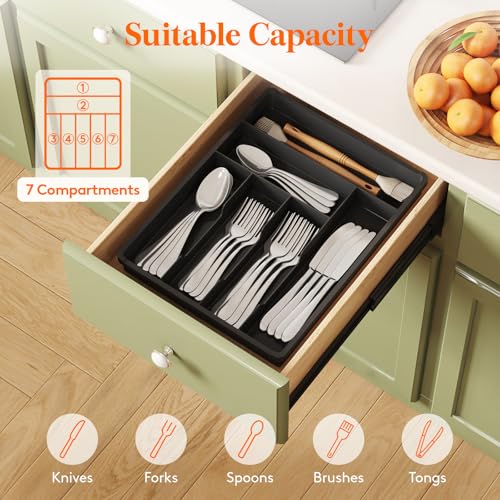 Lifewit Silverware Drawer Organizer Tray, Plastic Cutlery Storage for Kitchen, Flatware and Utensil Holder Divider for Spoons Forks Knives Tableware, 12.3 x 16", 7 Slots, Black - color: Black, size: 12.3 x 16 inch (7 Slots)