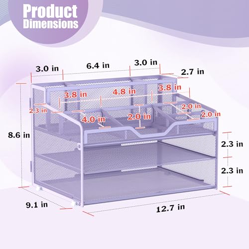 Docnest 3 Tier Mesh Desk Organizer for Paper Office Supplies – Multi-Functional Letter Tray with 5 Adjustable Compartments, 3 Pen Holders, Desktop Storage for Files, Mail, Stationery – Purple - color: Purple, size: 12.7" x 9.1" x 8.6"