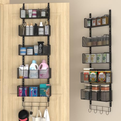 VyGrow Over The Door Organizer, Metal Door Organizer Hanging with 5 Adjustable Baskets and Coat Hook, Behind The Door Storage for Bedroom Closet Bathroom Pantry Cabinet Kitchen, Black - color: Black, size: 5-Tier