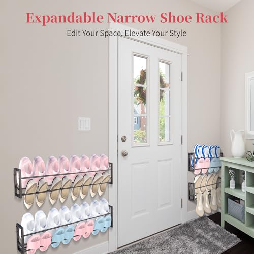 2 Pack Wall Mounted Shoe Rack for Narrow Spaces, Hanging Shoe Rack Holds 16 Pairs, 17"-30"Adjustable Heavy Duty Wall Shoe Storage with 4 Storage Hooks, Space Saving for Closet Entryway Door, Black - color: Black, size: 2 Pack