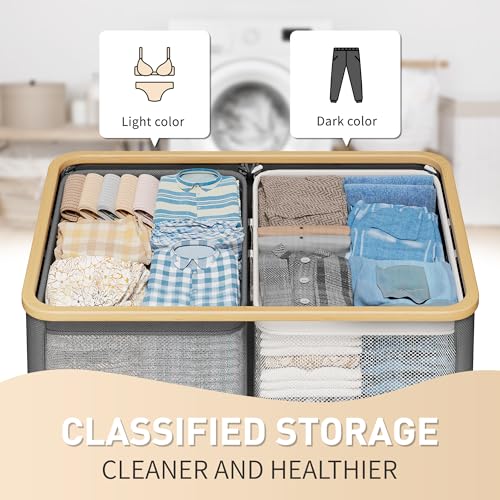 160L Double Laundry Hamper with Lid 2 Section, Large Bamboo Laundry Basket with 2 Removable Bags, Clothes Hampers for Laundry for Bedroom, Bathroom, Dorm, Laundry Room, Grey - color: Grey, size: 160L