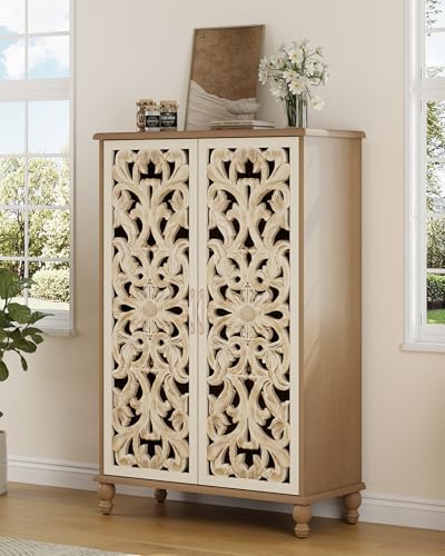 47" Tall Accent Cabinet with Carved Doors, Storage Cabinet with 3 Adjustable Shelves, Narrow Boho Farmhouse Sideboard for Entryway, Living Room, White&Natural