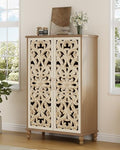 47" Tall Accent Cabinet with Carved Doors, Storage Cabinet with 3 Adjustable Shelves, Narrow Boho Farmhouse Sideboard for Entryway, Living Room, White&Natural