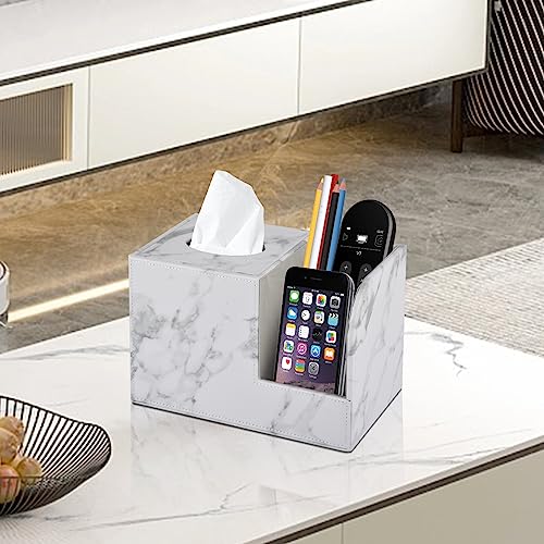 PU Leather Tissue Box Cover Square-Multifunctional Bathroom Tissue Box Holder/Organizer with 2-Compartment,Remote Control Holder,Decorative Tissue Box Covers Cube,Home Office Desktop Storage box,White - color: White