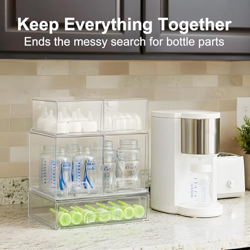 Bottle Storage Organizer Baby: Clear Stackable Storage Drawers, Acrylic Bottles Station Organizer for Countertop, Vanity, Bathroom, Cabinet Organization - 5 Pack - size: 2 Small+2 High+1 Wide