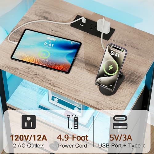 LOAKEKEL Night Stand with Charging Station and LED, Bedside Table with USB Ports & Outlets, 2-Tier Fabric Storage Drawers with PU Trim, Compact End Table for Bedroom, Grey, HETS02GY-1 - color: Grey, style: Two-drawer