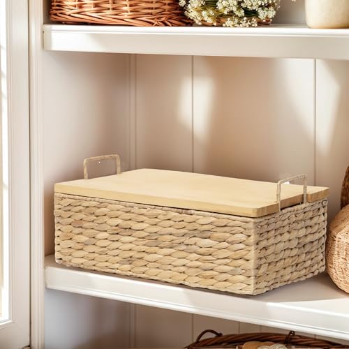 Handmade Water Hyacinth Woven Storage Basket with Lid, Multi - Functional Wicker Organizing Baskets (Large) - size: Large (Single)