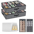 2 pc Sturdy Under Bed Shoe Storage Organizer, Underbed Shoes Closet Storage Solution with Clear Window, Breathable, With 1 Sock Bag and 20 Disposable Shoe Bags Fit 12 to 24 Pairs, Linen-like Black