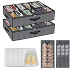 2 pc Sturdy Under Bed Shoe Storage Organizer, Underbed Shoes Closet Storage Solution with Clear Window, Breathable, With 1 Sock Bag and 20 Disposable Shoe Bags Fit 12 to 24 Pairs, Linen-like Black