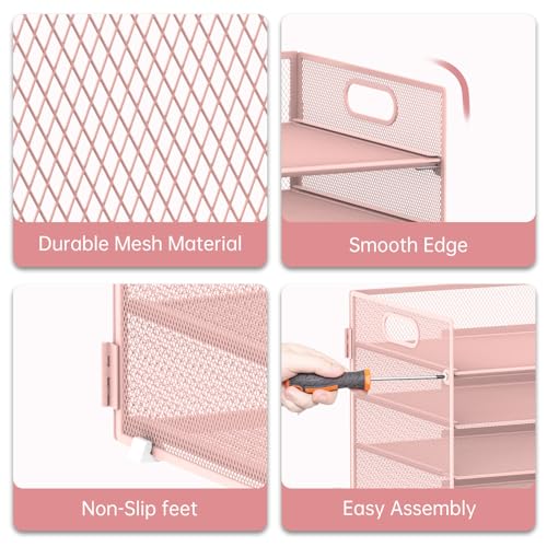 7 Tier Paper Organizer - Mesh Desktop File Holder with Handles for Office School Desk, Black (Pink) - color: Pink