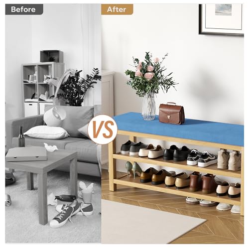 2 Tier Shoe Rack Bench with Cushion, Rubberwood Shoe Benches, Mid-Century Modern Shoe Storage Bench for Entryway, Hallway, Living Room, Closet, Front Door Entrance, Blue - color: Blue