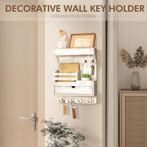 Rebee Vision Farmhouse Key Holder Wall Mount with Drawer Organizer – Pine Wooden Mail and Key Organizer for Wall with 6 Rustic Hooks & Floating Shelf – Chic Home Decor Accent (Whitewash) - color: Whitewash, style: Large Drawer