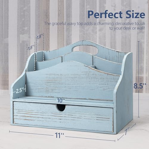 Rebee Vision Pine Wood Mail Organizer for Desk - Vintage Farmhouse Style Mail Organizer with Drawer & Dividers - 4-Slot Paper & Jewelry Sorter, Desktop Organizer for Exquisite Home Decor (Blue) - color: A-Blue