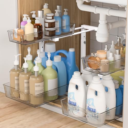 ETOYA 2 Pack Under Sink Organizer Kitchen, 2-Tier Pull Out Cabinet Organizer, L-Shaped Adjustable Height, Acrylic Under Sink Storage Shelf for Kitchen, Bathroom Vanity & Utility Closet - color: white