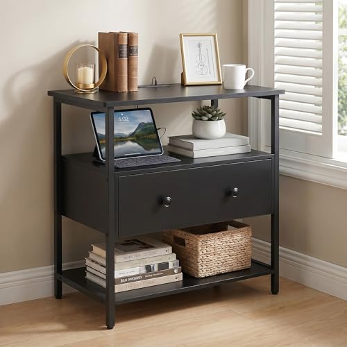 Edbuosy 27 Inch Wide Night Stand with Charging Station, Wood Nightstand with Open Shelf, Large Drawer Bedside Table for Living Room/Bedroom/Office (Black) - color: Black, size: 1 Drawer