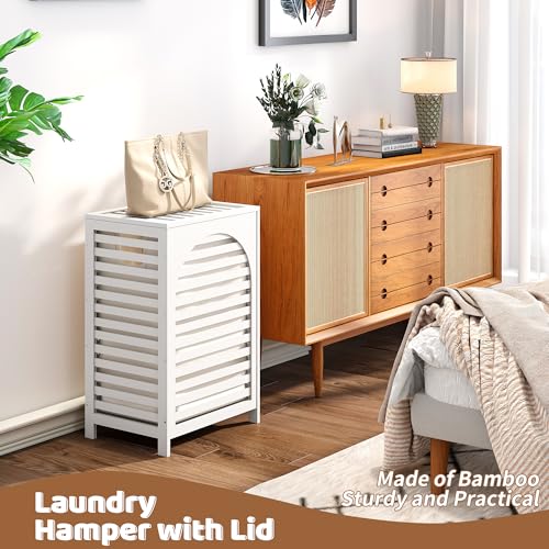 FILWH Laundry Hamper with Lid (16.9 * 13 * 26.5inches) Large Bamboo Laundry Bin Basket 85L Clothes Hamper with 1 Removable Bag Storage baskets for Bathroom (White) - color: White